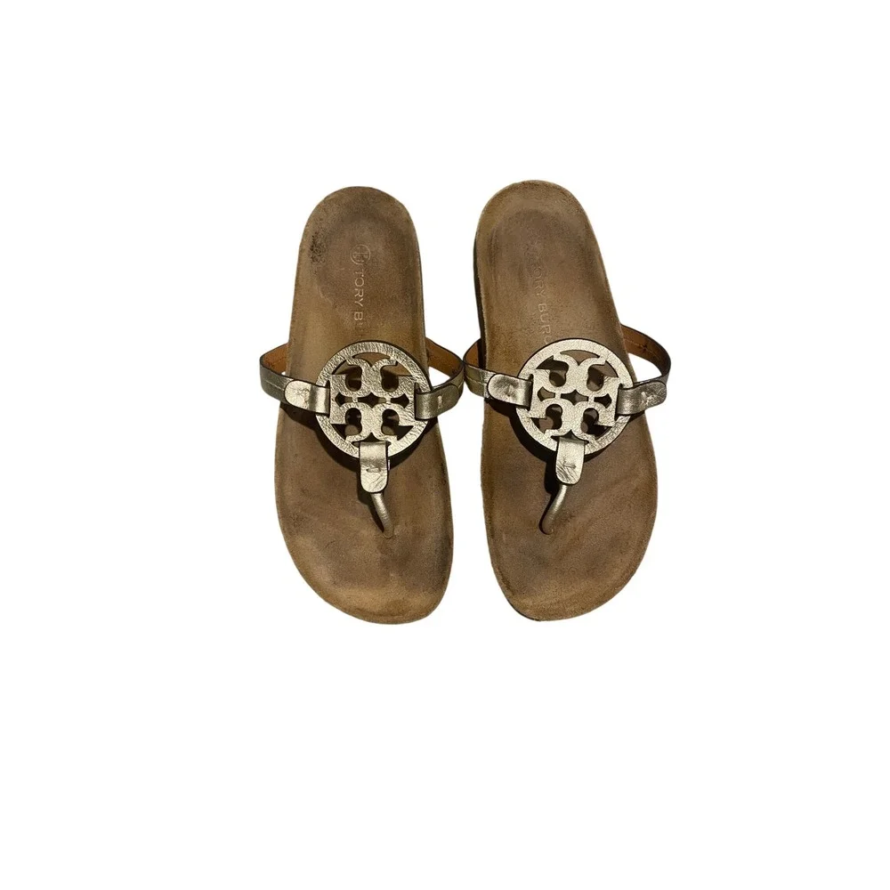 Tory Burch Miller Cloud Metallic Gold Logo Thong Sandals Size 8.5